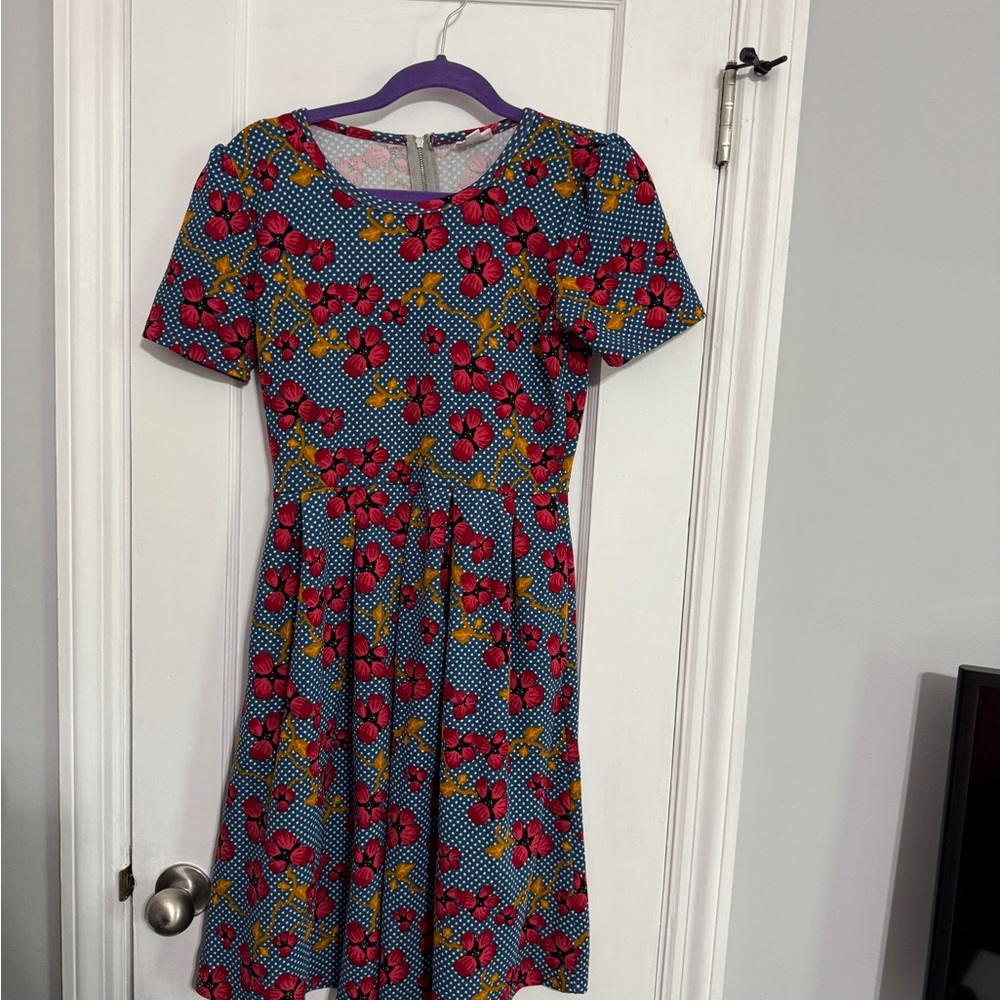 LuLaRoe Blue Floral Dress with Red and Yellow Accents